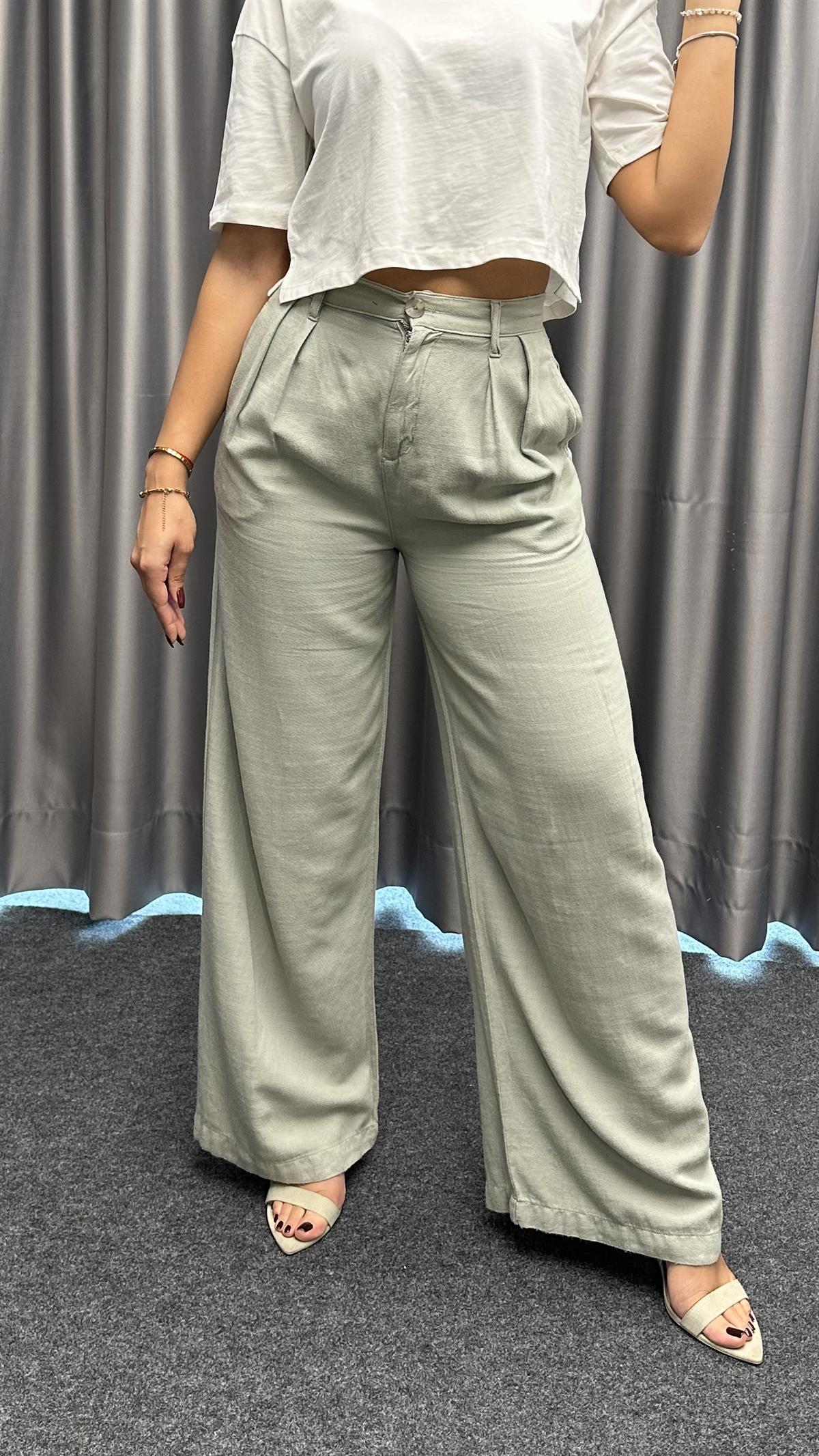 Pileli Palazzo Yeşil Renk Kumaş Pantolon