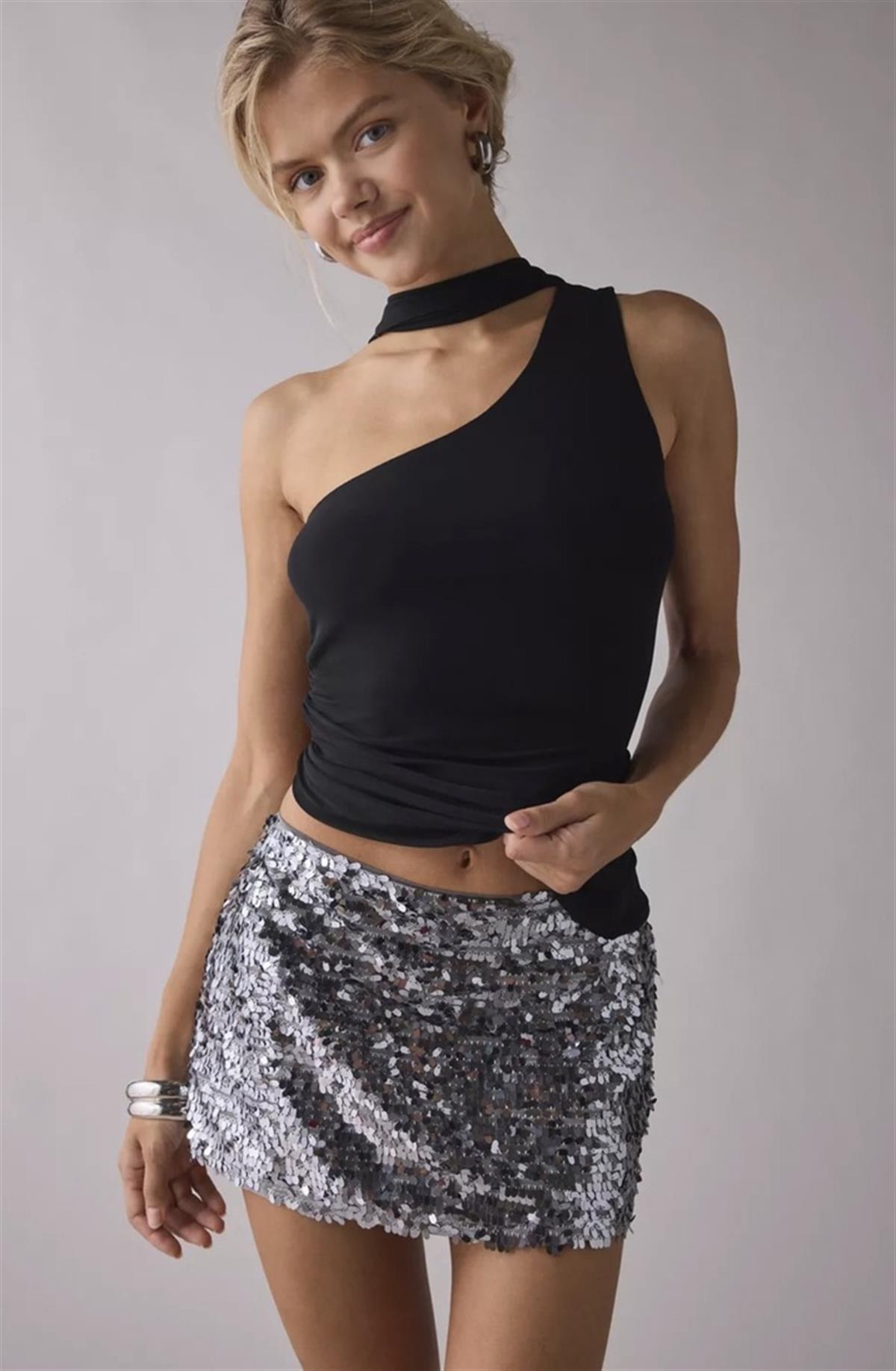Gri Pul Payetli Mini Etek