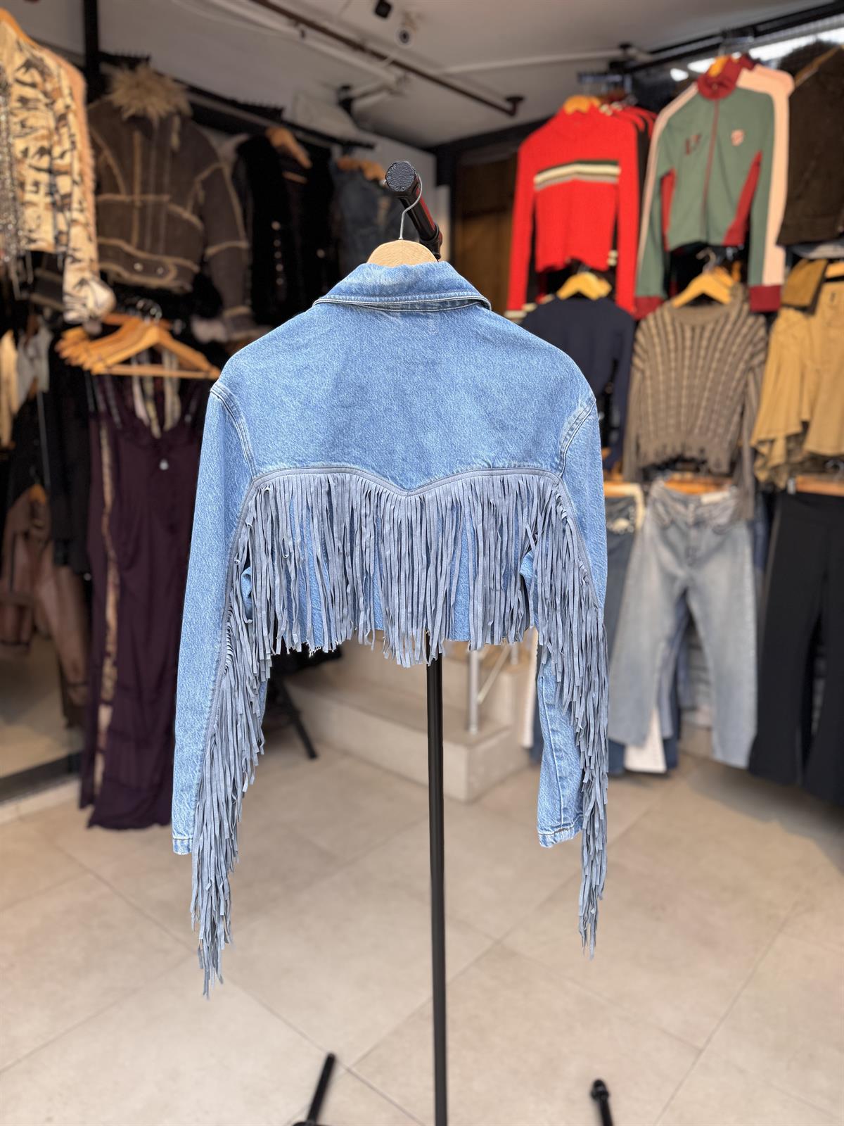 Püskül Detaylı Crop Oversize Mavi Kot Ceket