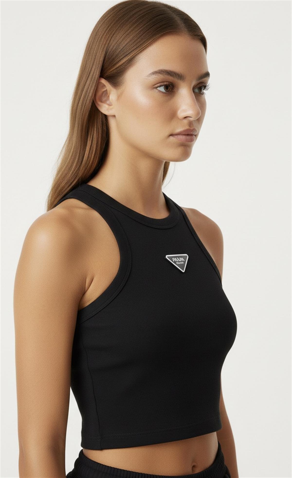 Siyah Halter Yaka Pamuklu Fit Kesim Lux Atlet