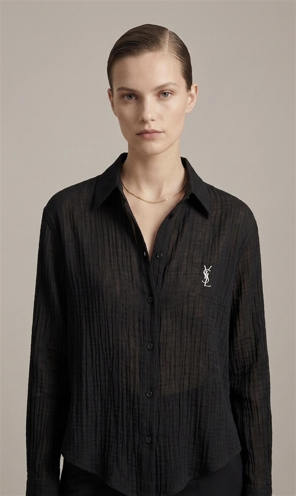 Siyah Logo Nakışlı Pamuk Keten Gömlek