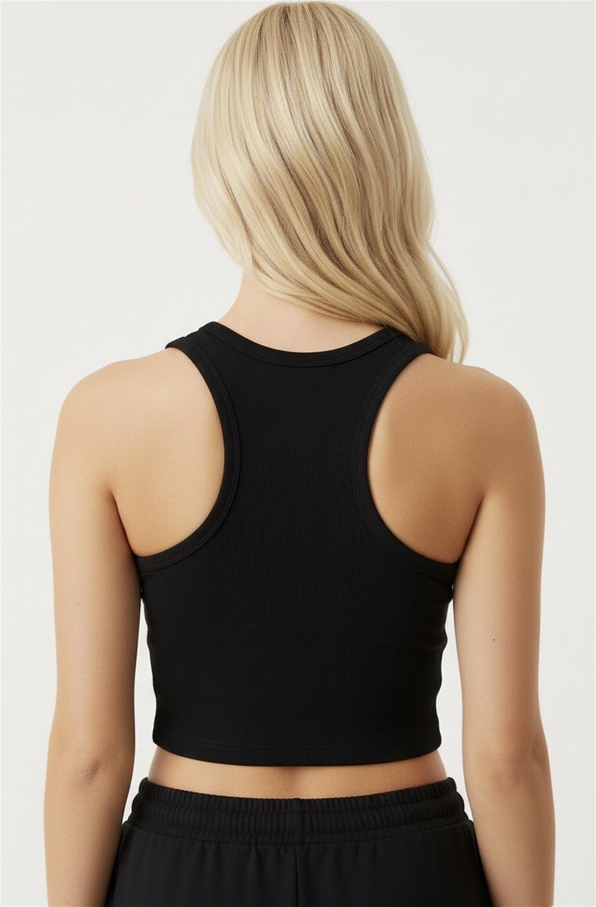 Siyah Marka Baskılı Fitilli Kumaş Crop Atlet