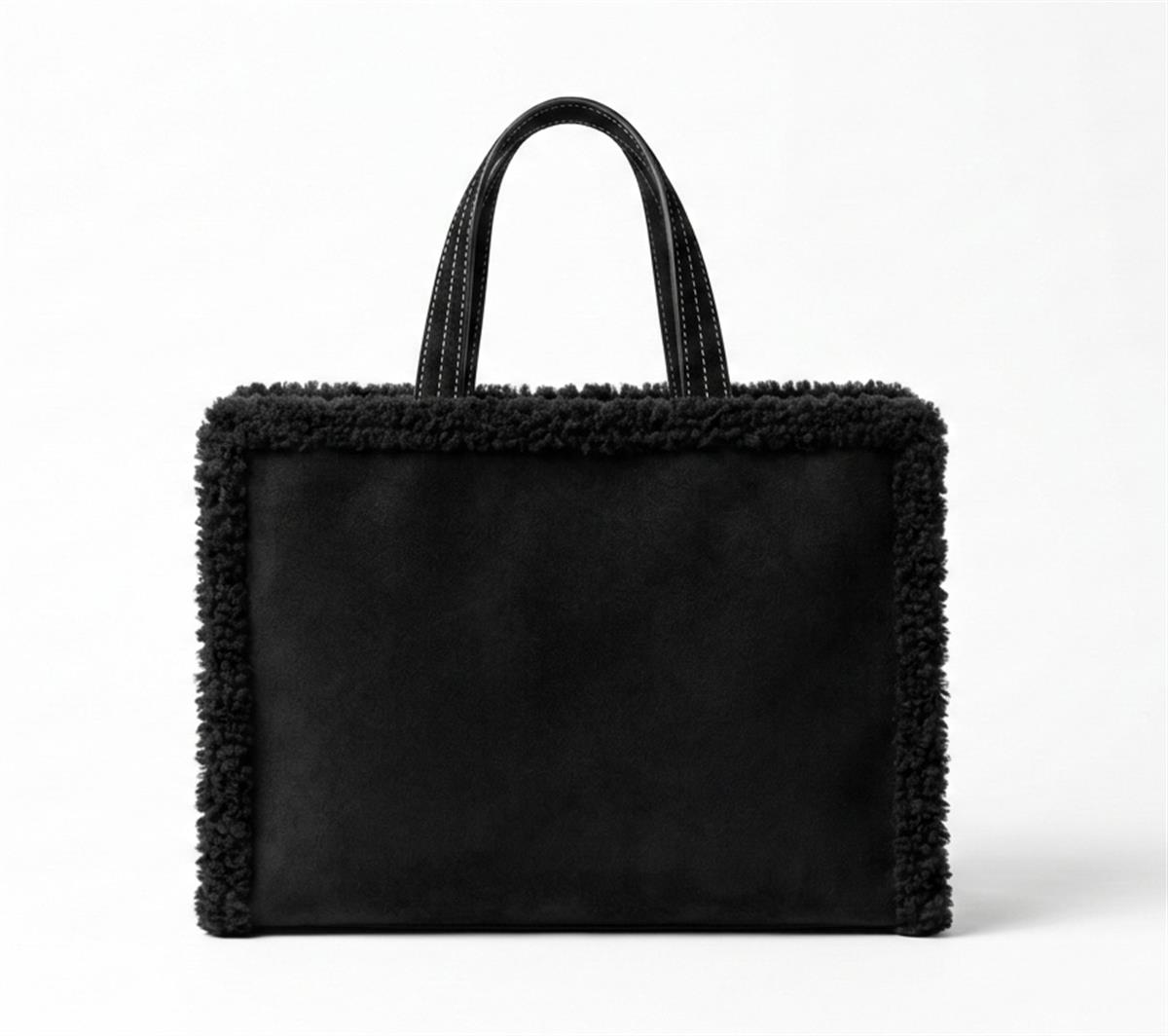 Siyah Peluş Detaylı Tote Bag