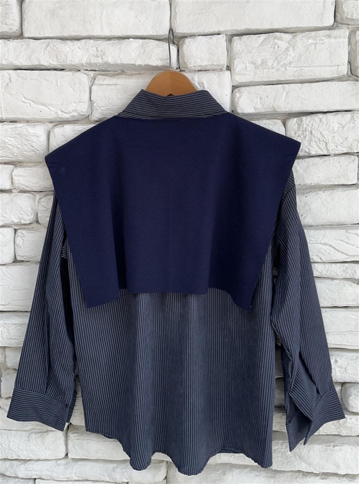 Triko Detaylı Beyaz Çizgili Lacivert Gömlek