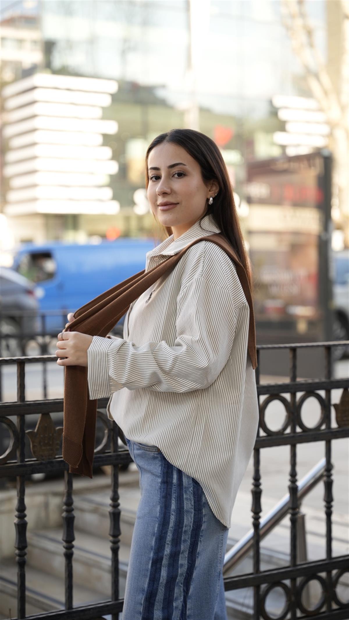 Triko Detaylı Kahverengi Çizgili Bej Gömlek