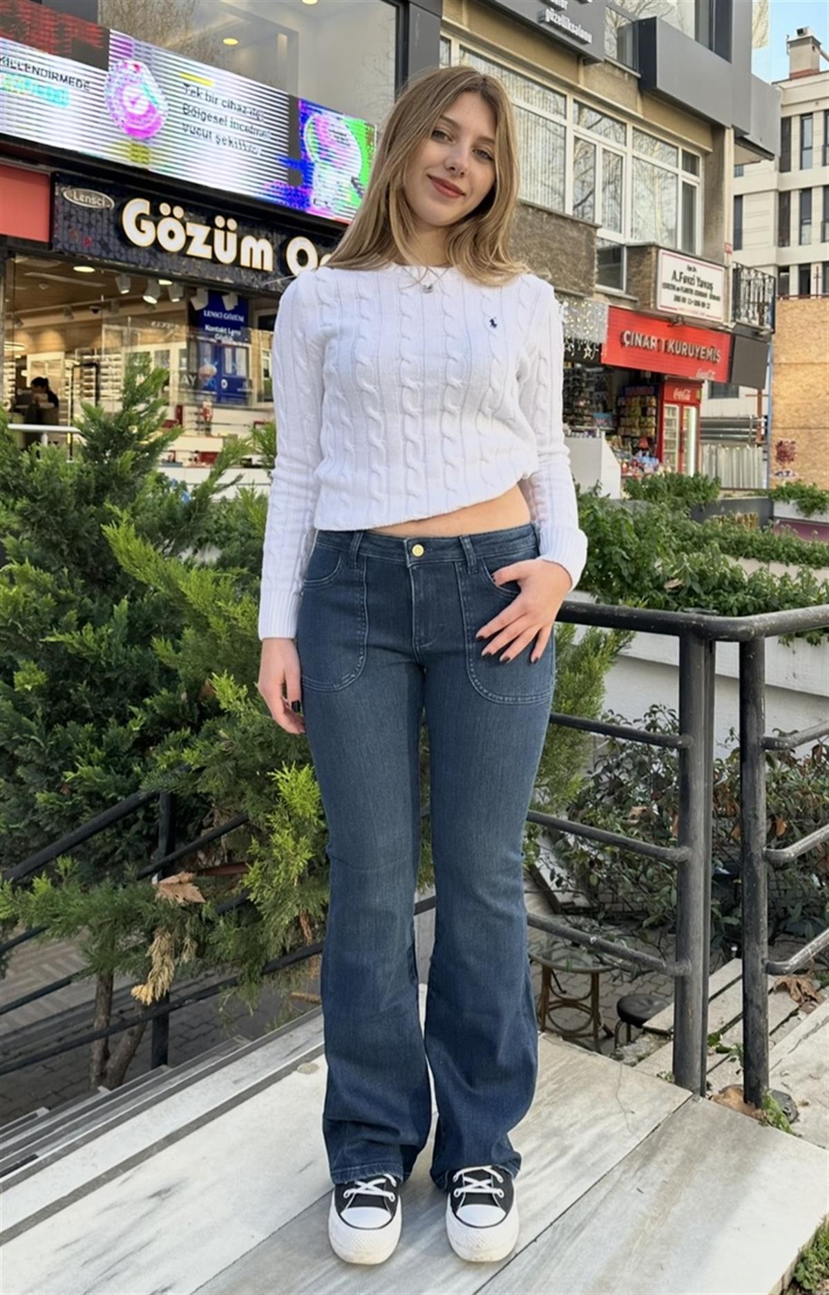 Lacivert Low Waisted Flare Jean 