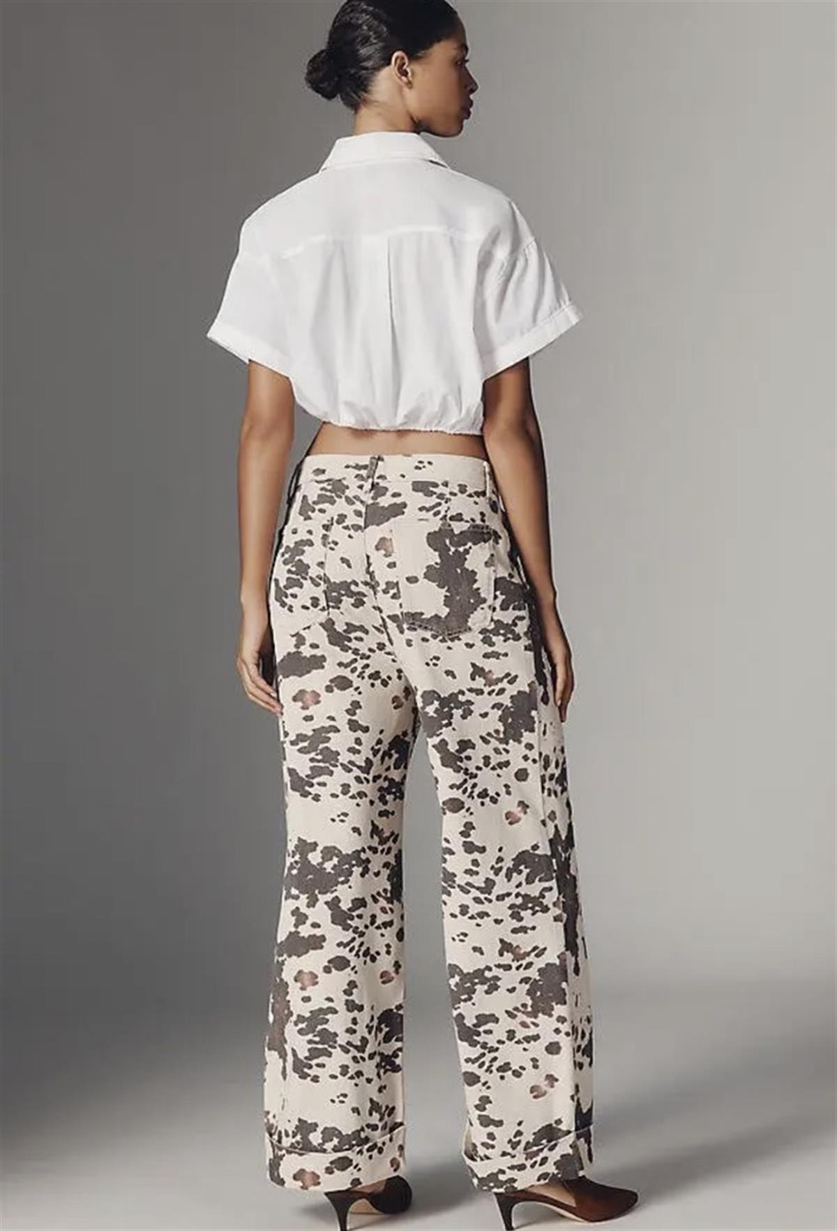 Kahverengi Bej İnek Desenli Wide Leg Jean