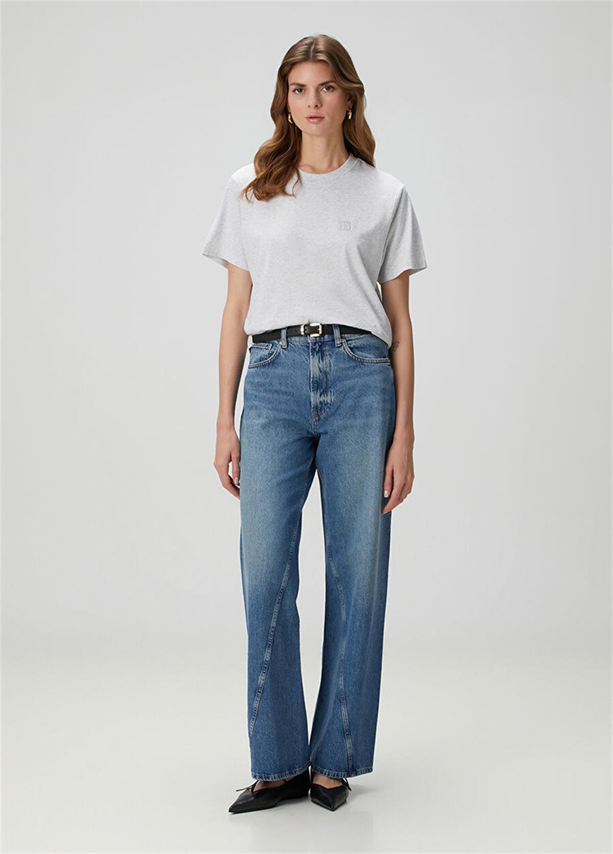 Buz Mavisi Yan Dikişli Eskitme Detaylı Wide Leg Jean