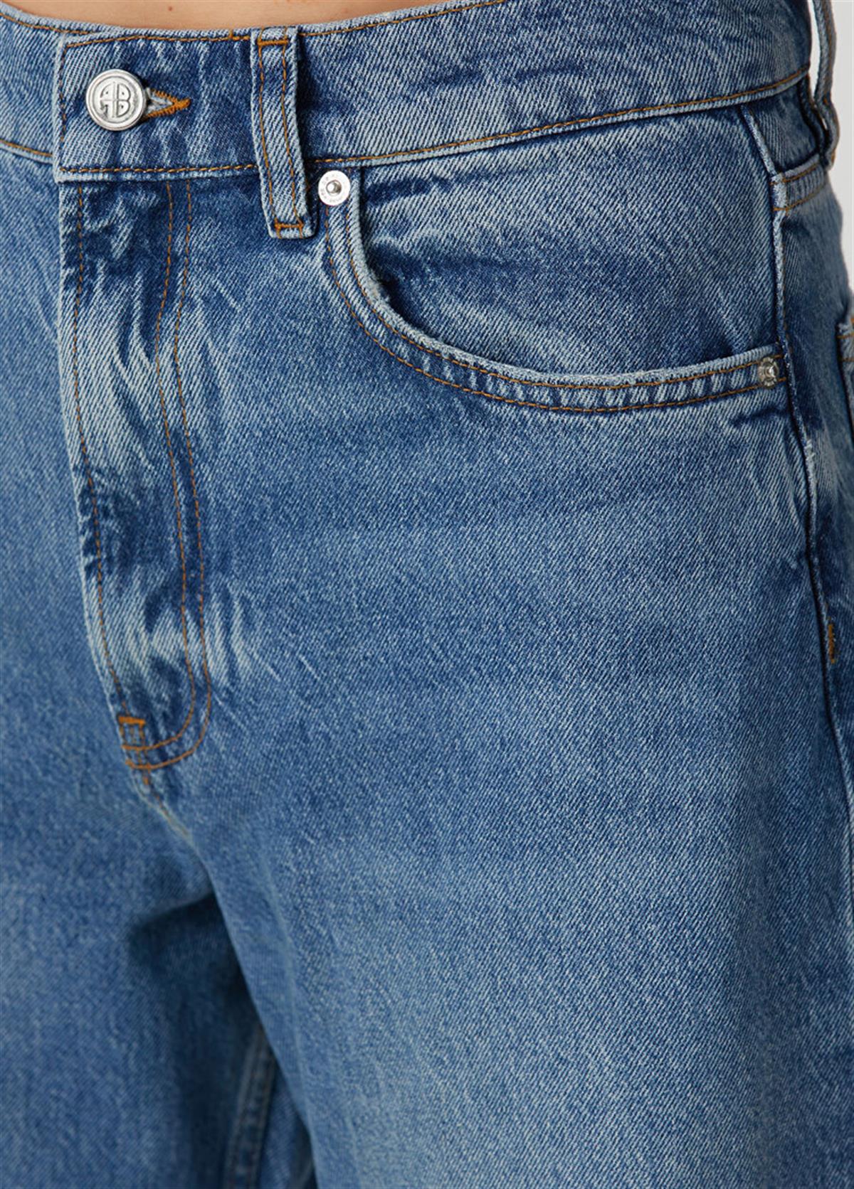 Buz Mavisi Yan Dikişli Eskitme Detaylı Wide Leg Jean