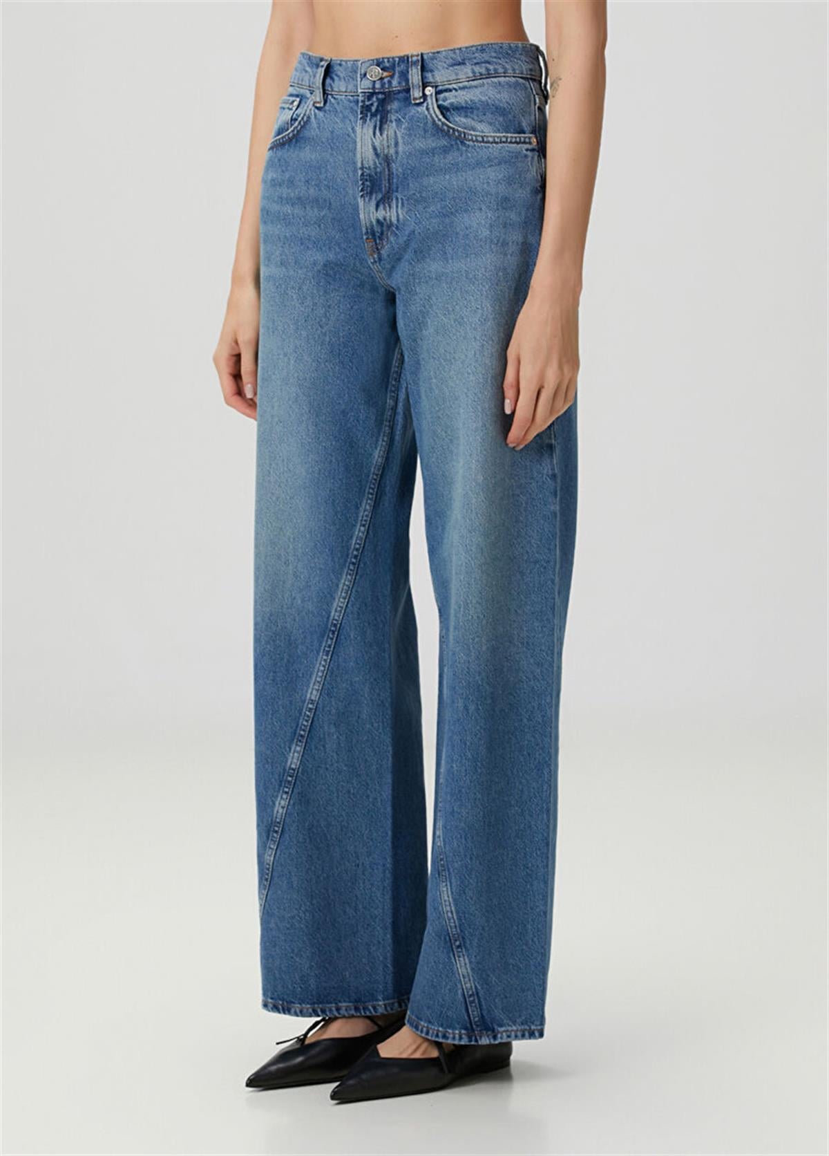 Buz Mavisi Yan Dikişli Eskitme Detaylı Wide Leg Jean