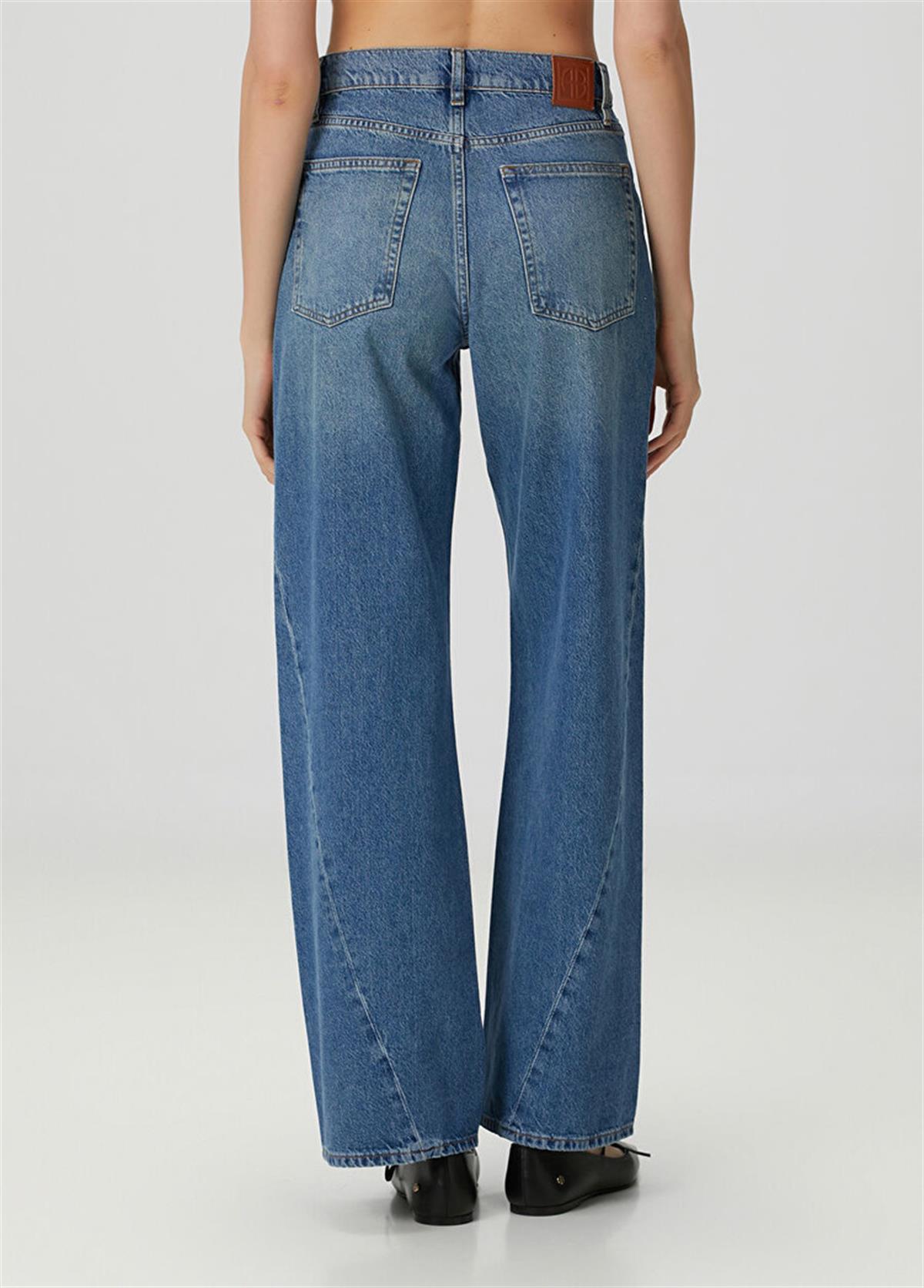 Buz Mavisi Yan Dikişli Eskitme Detaylı Wide Leg Jean