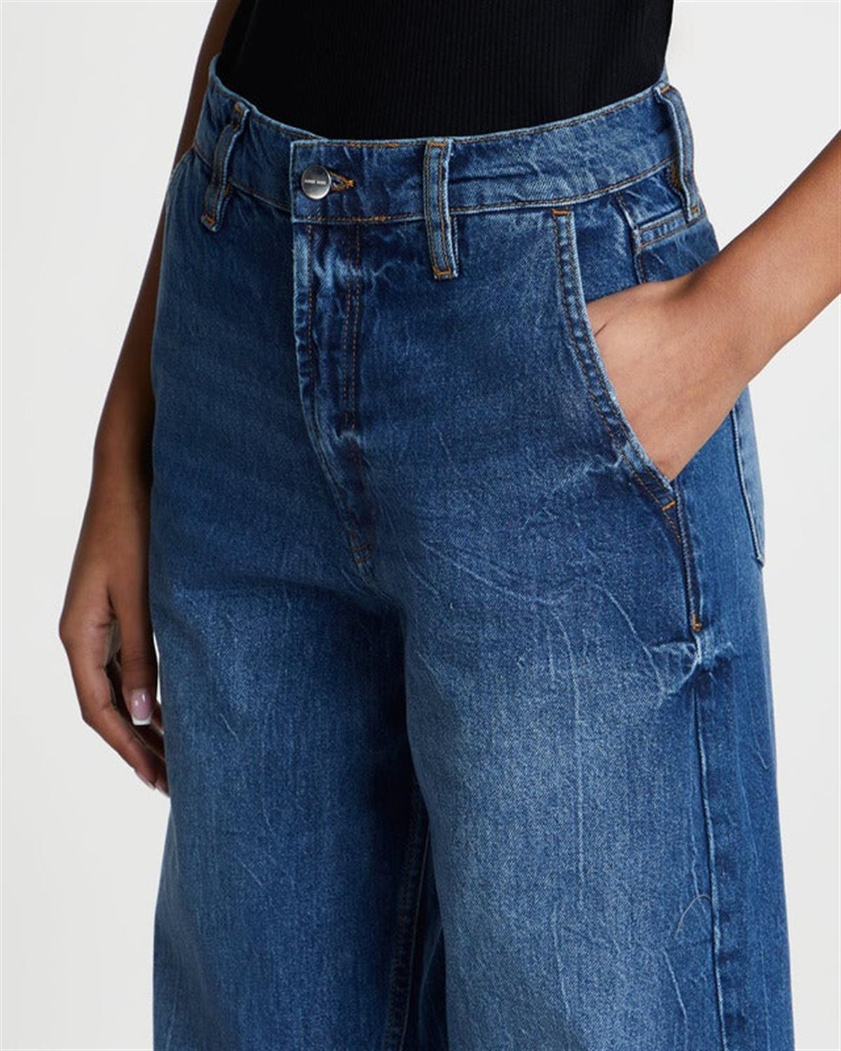 Yan Dikişli Eskitme Detaylı Wide Leg Jean
