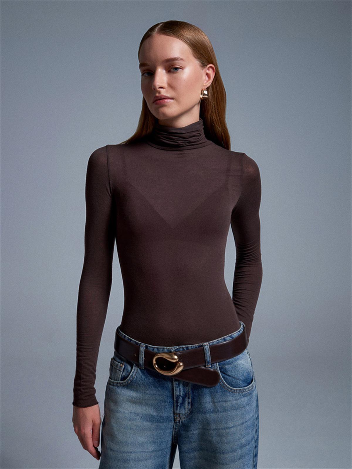 Kahverengi Yarım Balıkçı Yaka Transparan Bluz