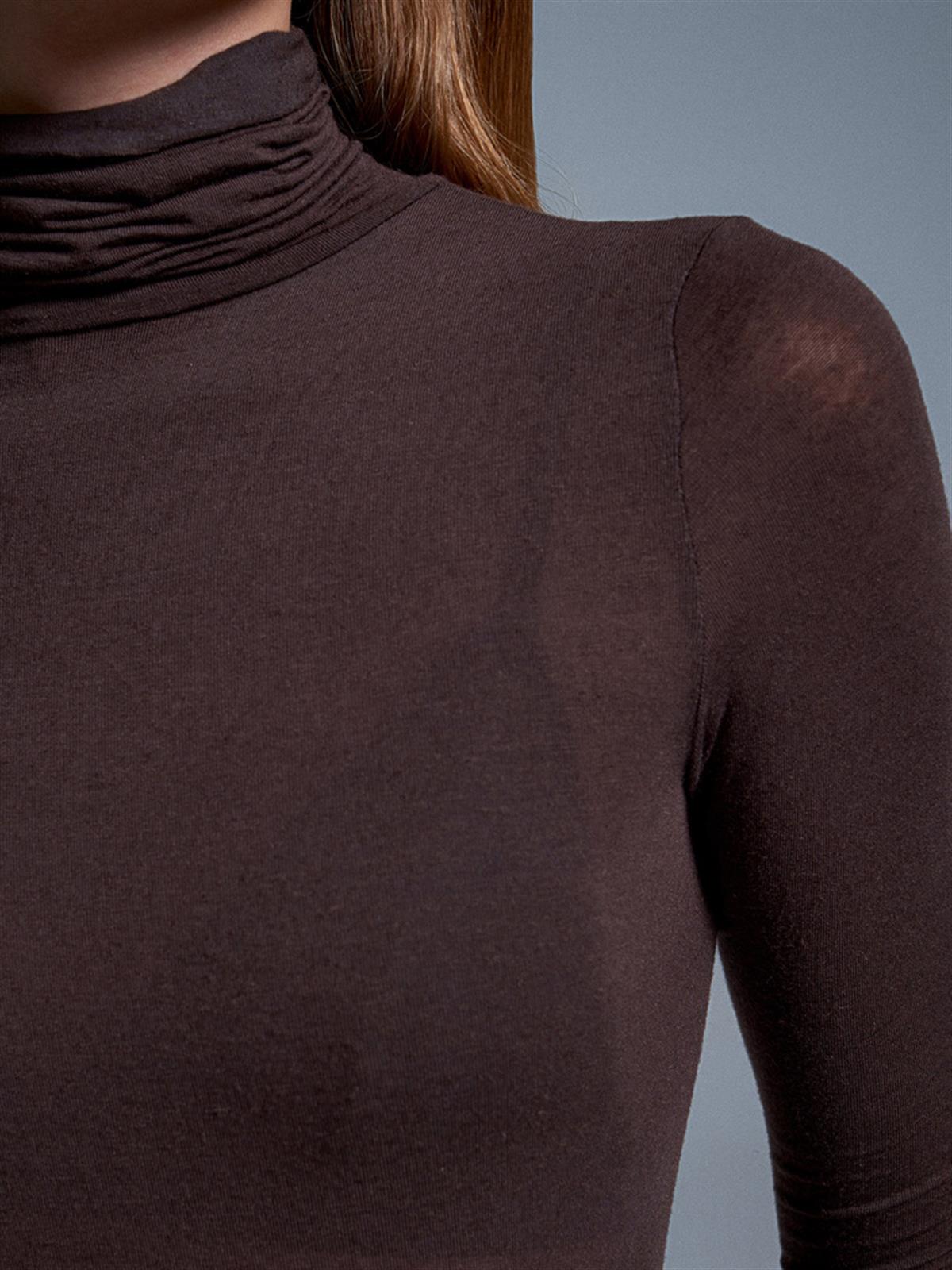 Kahverengi Yarım Balıkçı Yaka Transparan Bluz