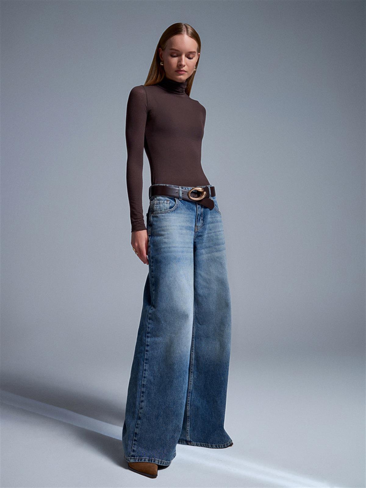 Kahverengi Yarım Balıkçı Yaka Transparan Bluz