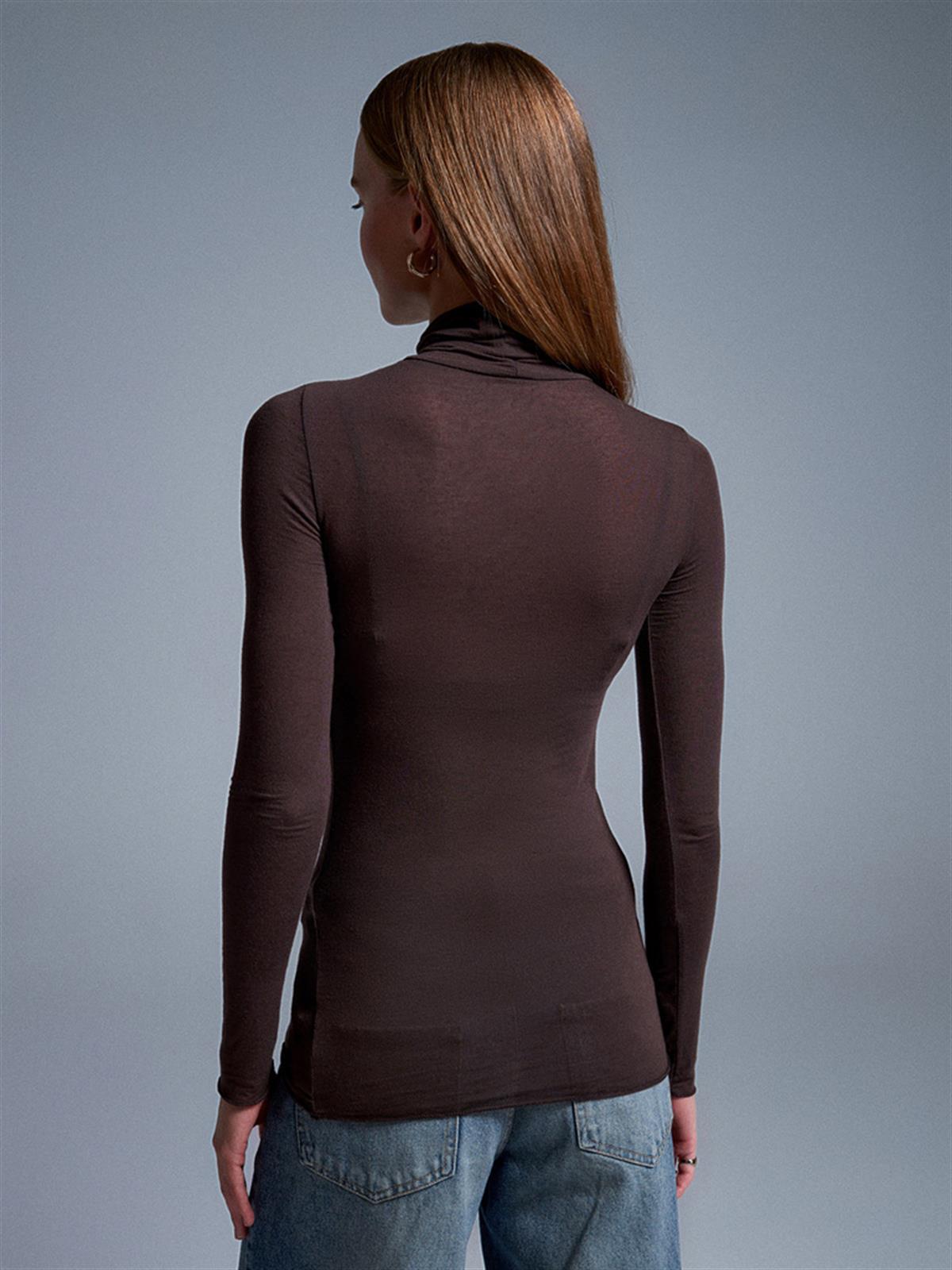 Kahverengi Yarım Balıkçı Yaka Transparan Bluz