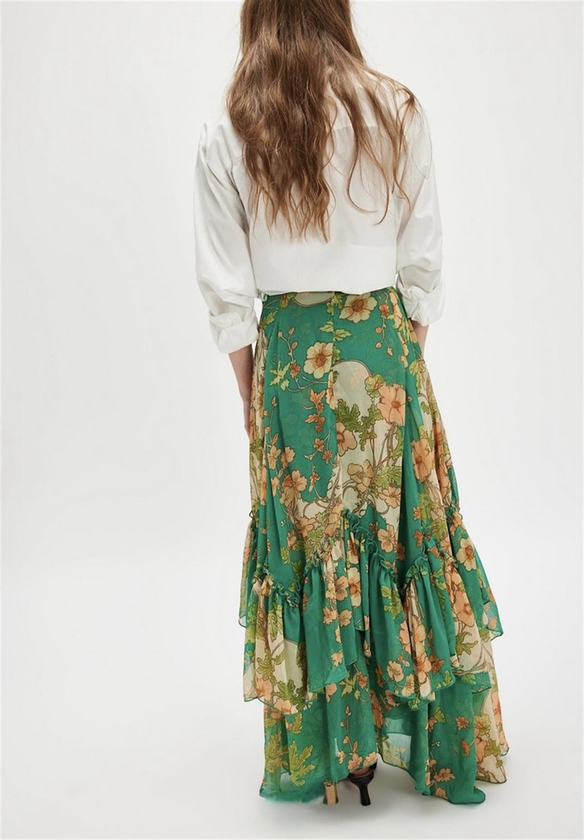 Yeşil Çiçek Desenli Volanlı Şifon Maxi Boy Etek