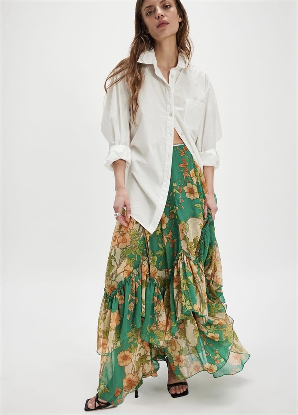 Yeşil Çiçek Desenli Volanlı Şifon Maxi Boy Etek