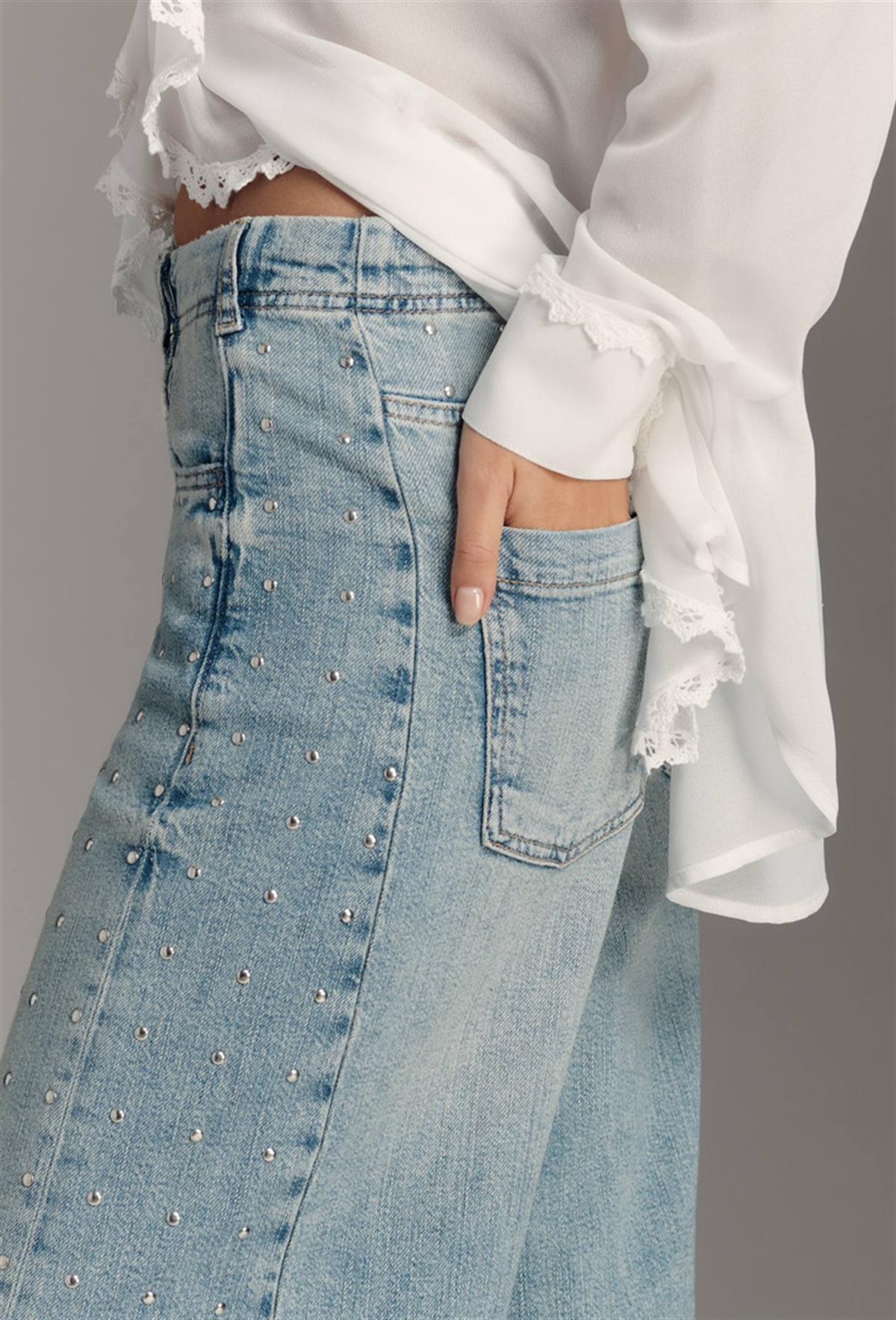 Zımba ve Paça Detaylı Palazzo Yüksek Bel Jean 