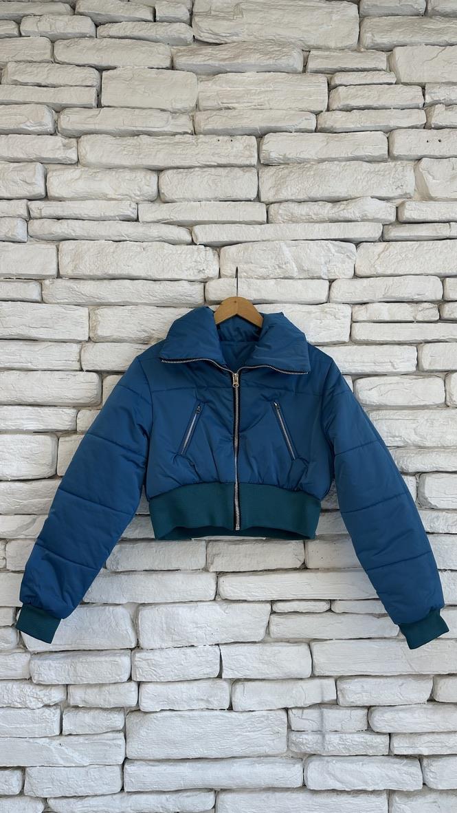  Şişme Beli Lastikli Mavi Crop Mont