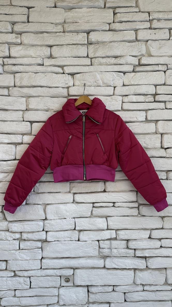  Şişme Beli Lastikli Pembe Crop Mont