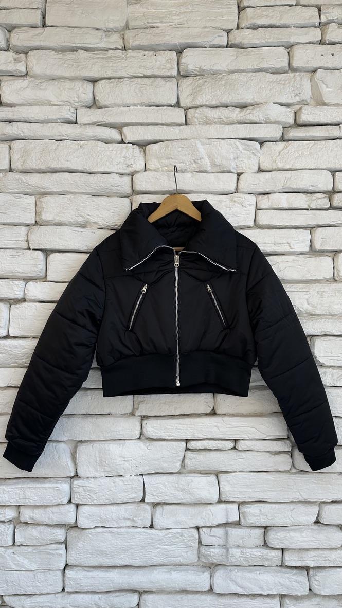  Şişme Beli Lastikli Siyah Crop Mont