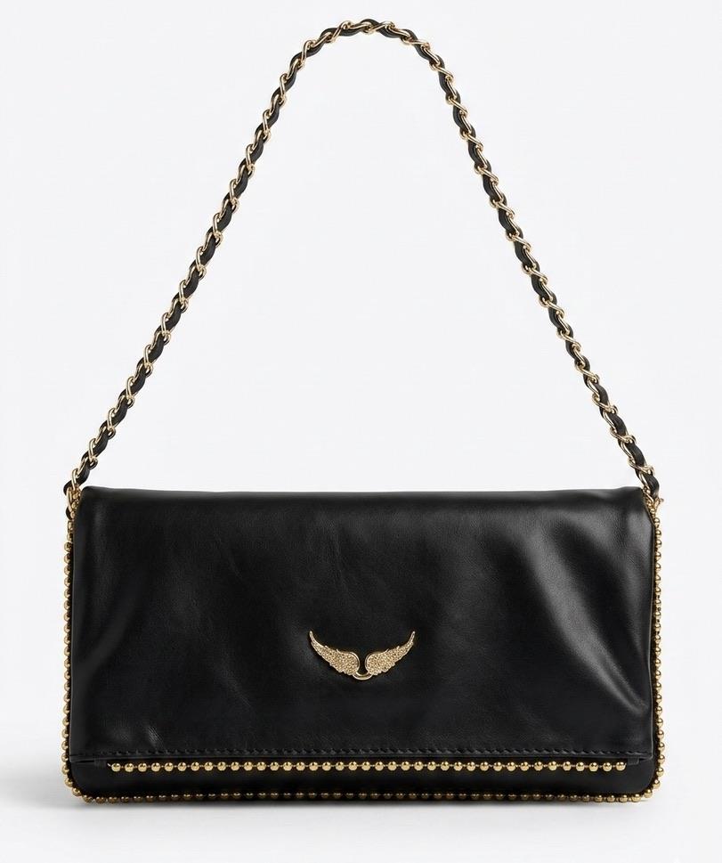 Altın Zımba ve Logo Detaylı Siyah Clutch Çanta
