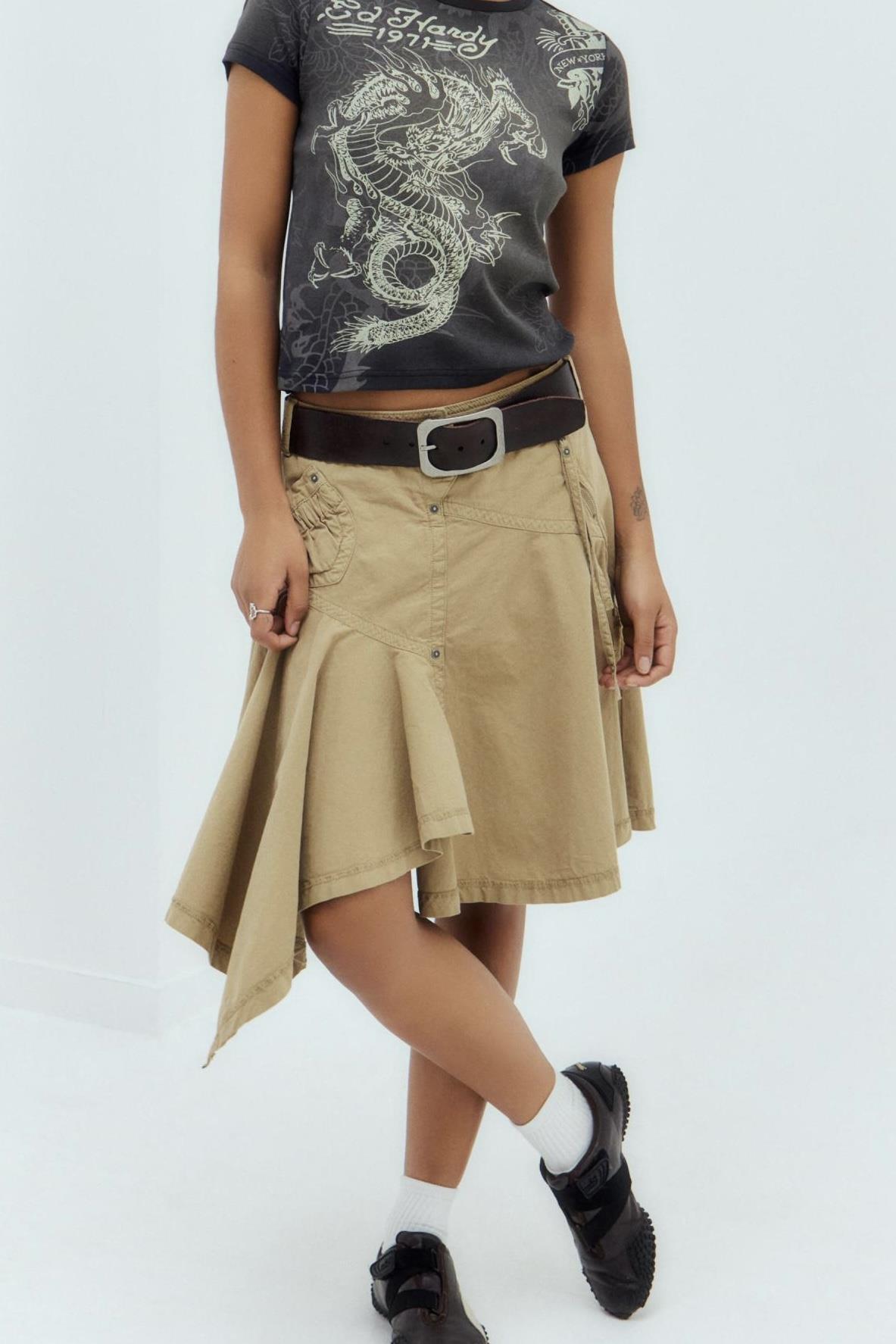 Asimetrik Kesim Kargo Cepli Orta Bel Bej Etek