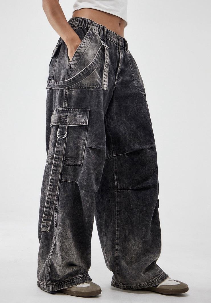 Cep Detaylı Acid Wash Orta Bel Kargo Pantolon