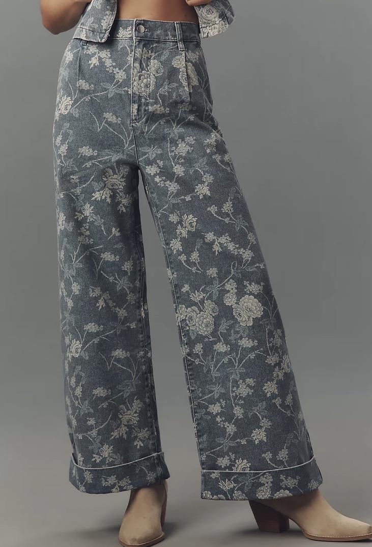 Çiçek Desen Wide Leg Denim Jean