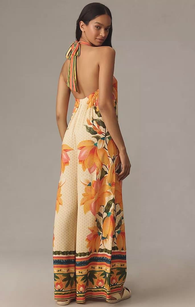 Çiçek Desenli Sırt Dekolteli İpek Saten Tulum