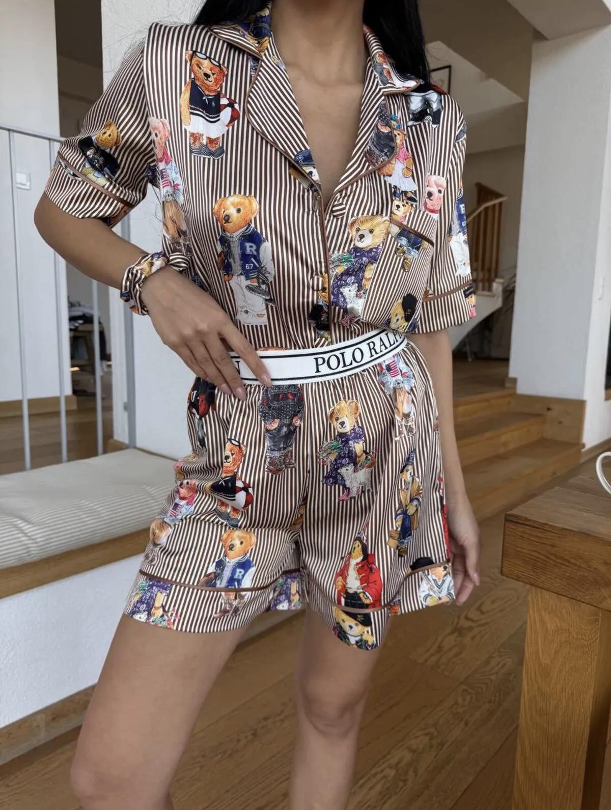 Çizgili Ayıcık Desenli Kısa Pijama Takımı
