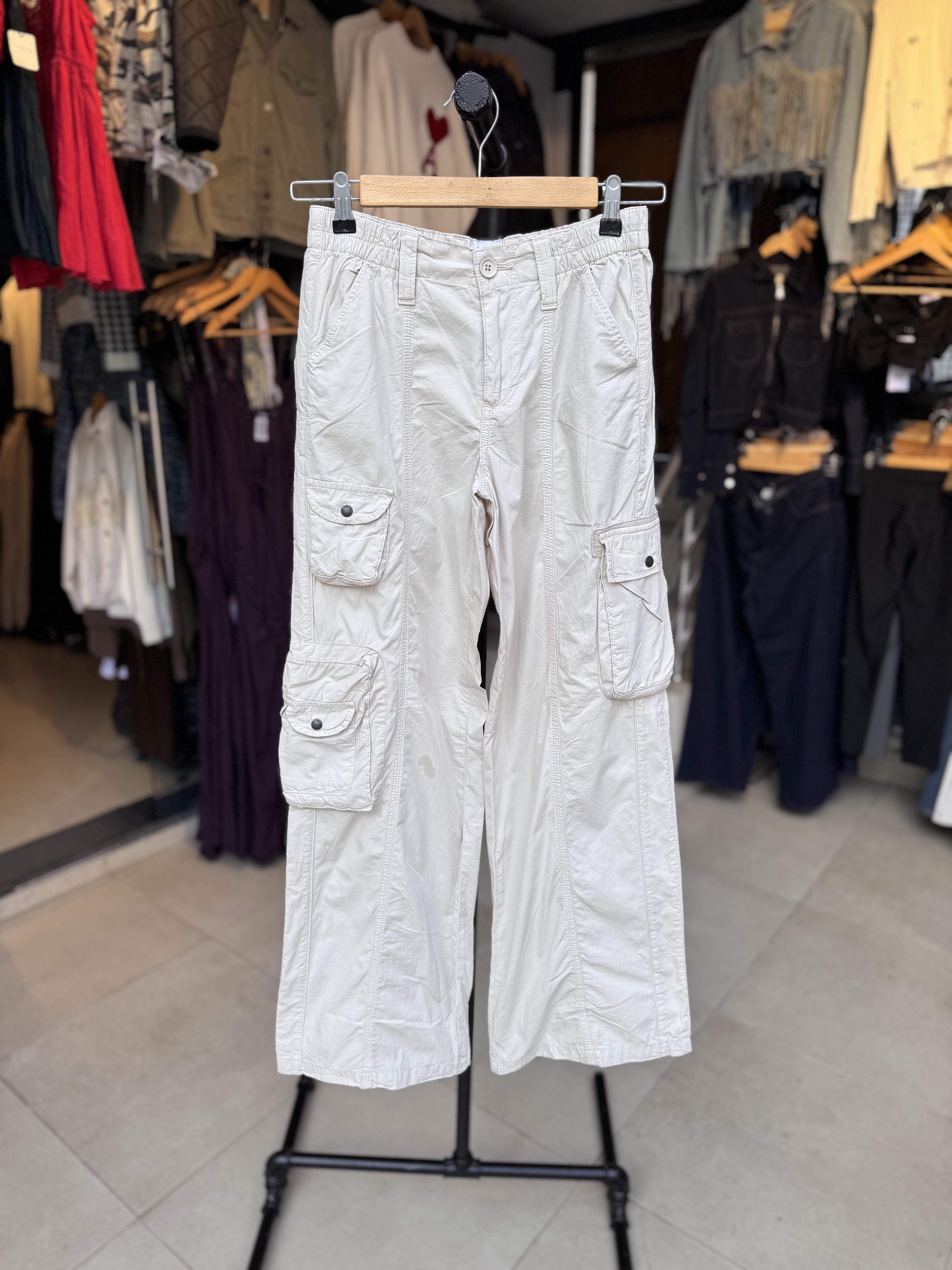 Düşük Bel Paraşüt Kumaş Krem Renk Kargo Pantolon 