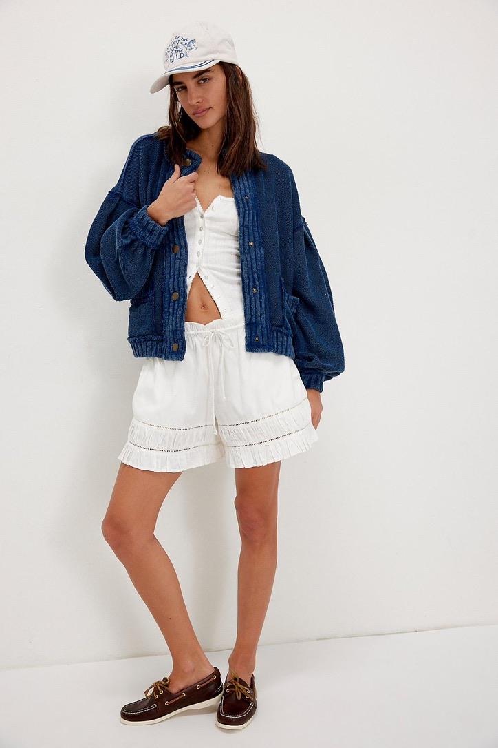 Eskitme Detaylı Vintage Örme Mavi Hırka 