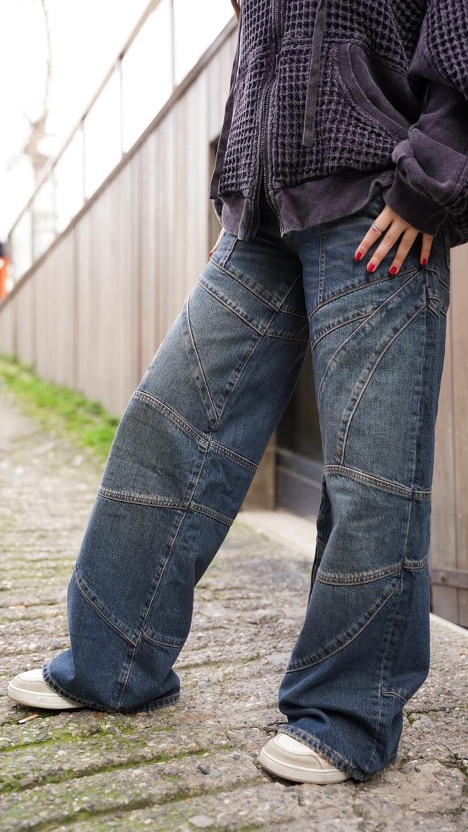 Eskitme Renk Parçalı Görünüm Wide Leg Jean