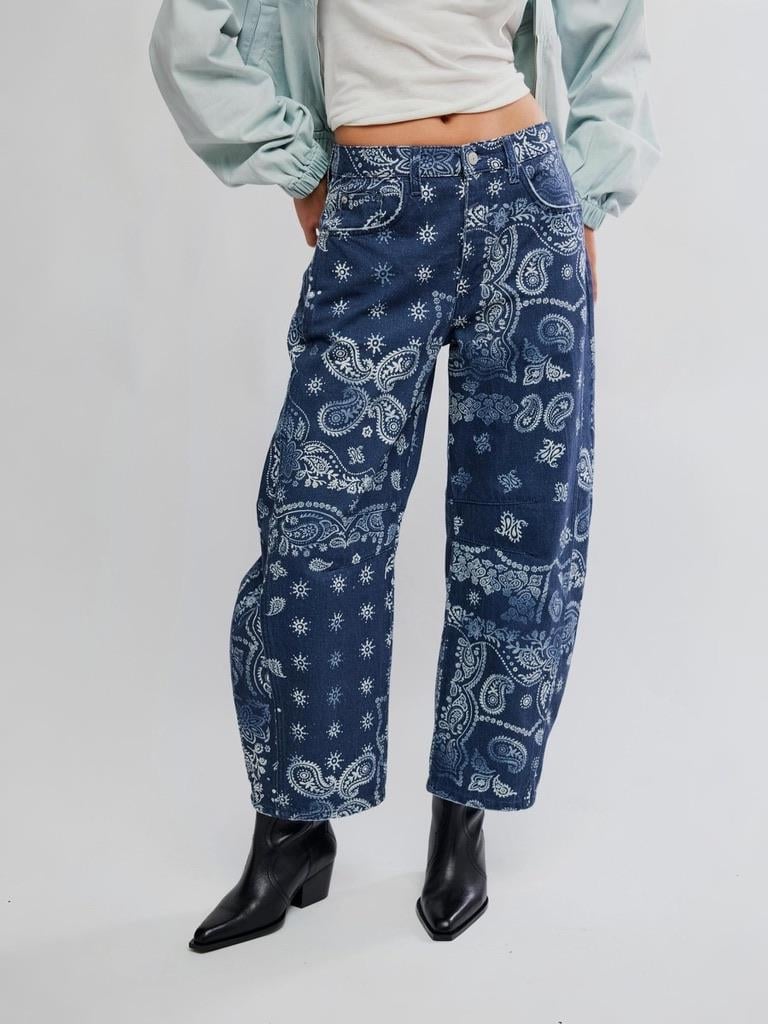 Etnik Desen Baskılı Barrel Jean 