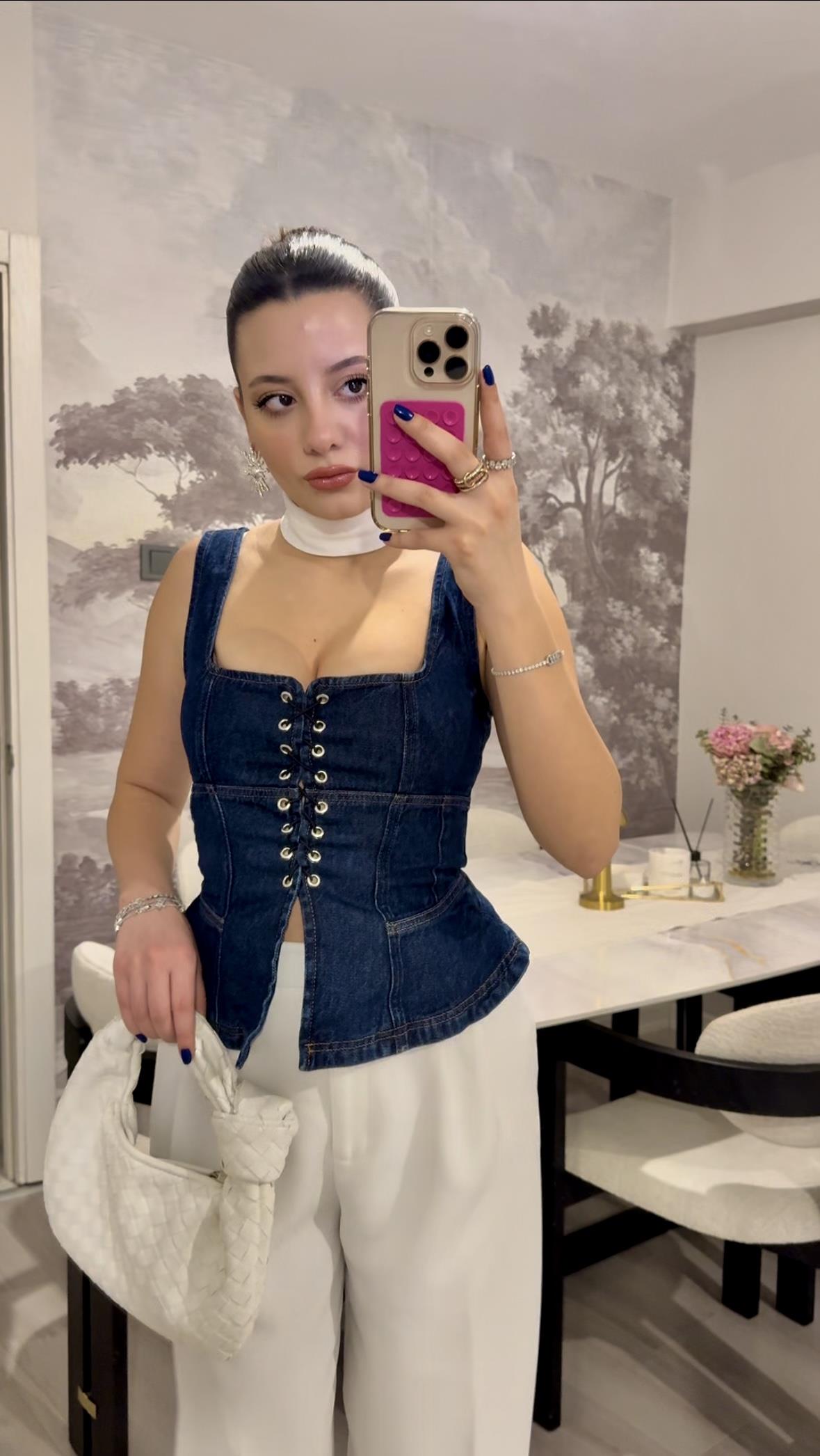 İp Detaylı Mavi Denim Bluz