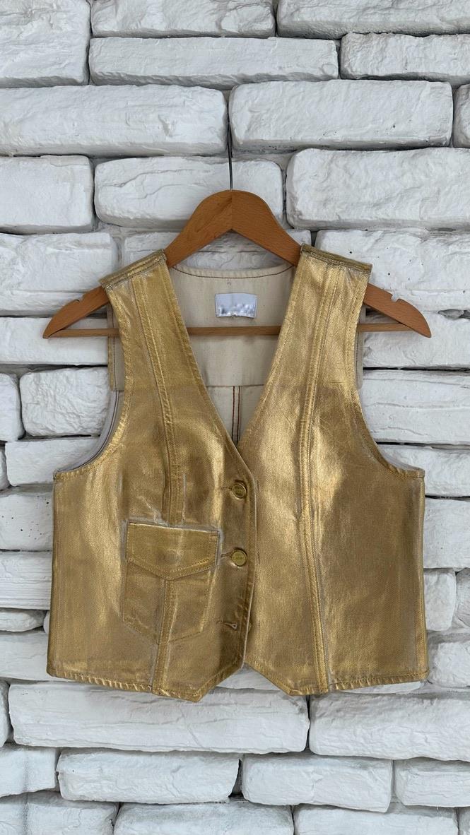 İthal Marka Gold Metalik Yansımalı Crop Yelek