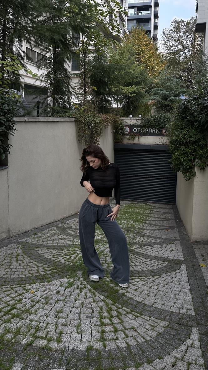 İthal Soldurma Efektli Antrasit Wide Leg Eşofman 