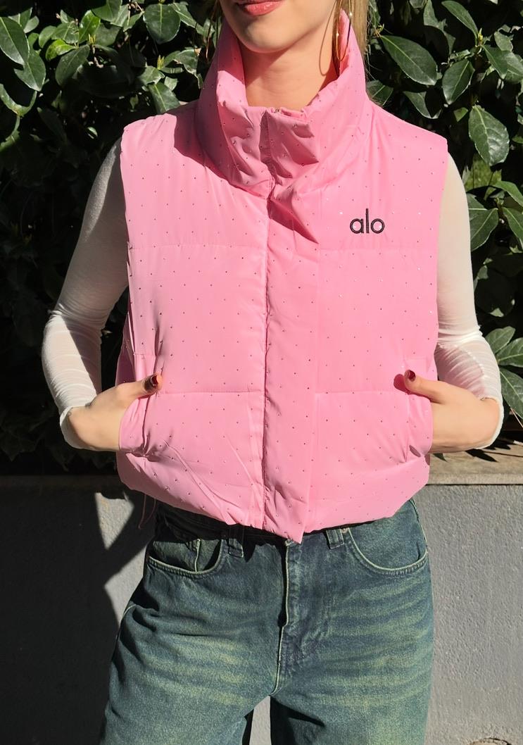 İthal Taş Detaylı Pembe Crop Şişme Yelek