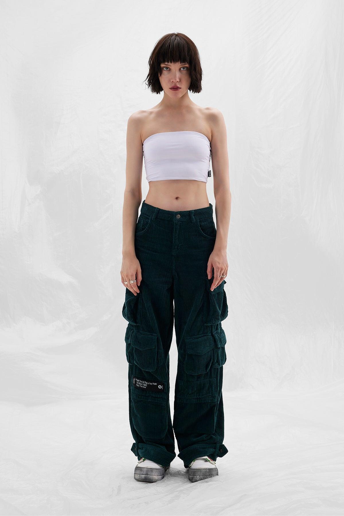 Kadife Fitilli Petrol Yeşili Kargo Cep Detaylı Pantolon