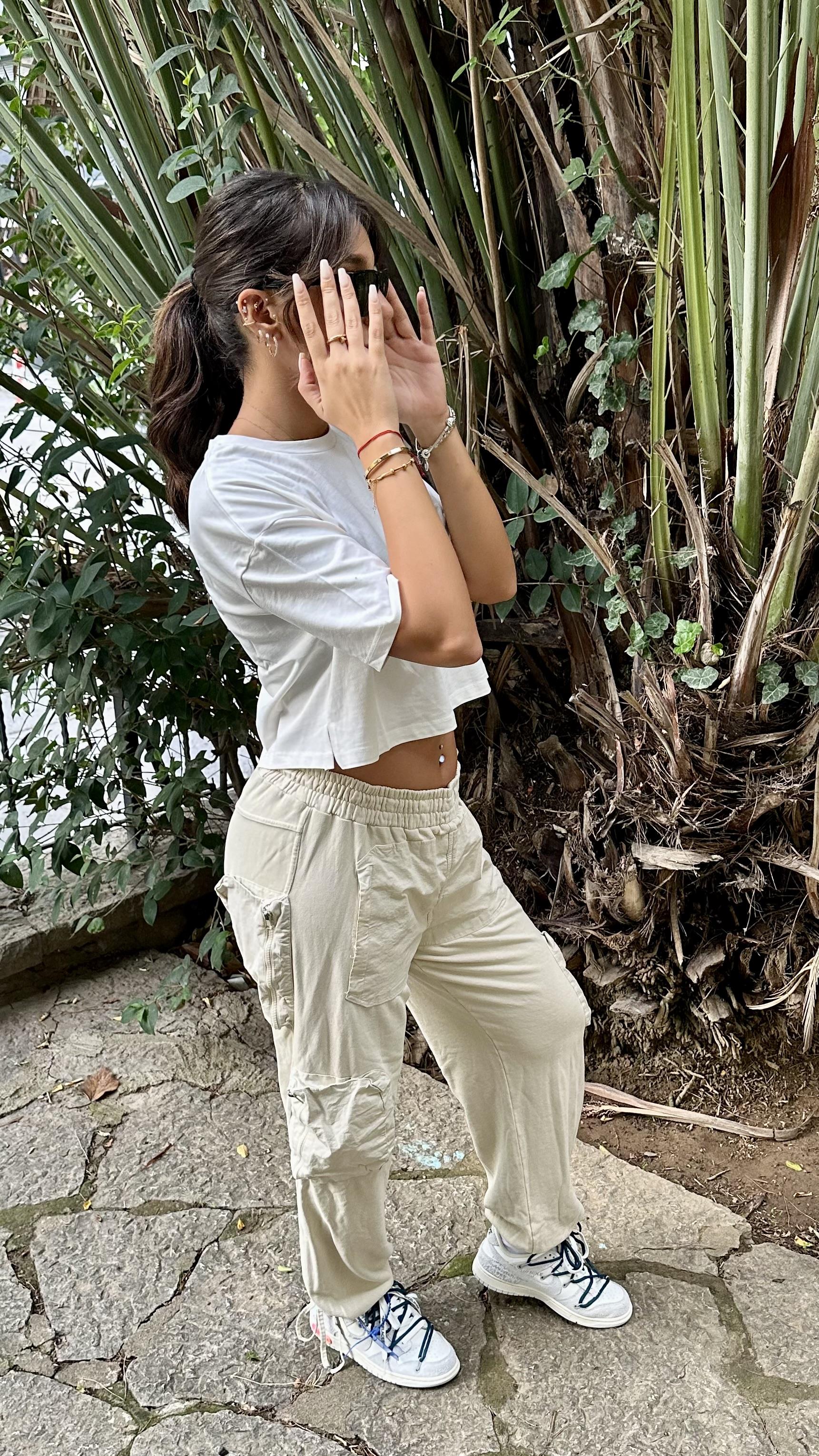 Kargo Çepli Paça Ayarlanabilir Krem Rengi İki İplik Şardonsuz Eşofman Altı