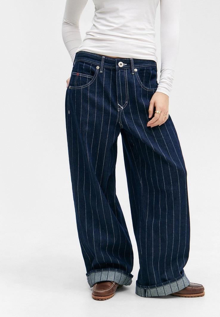 Lacivert Dikiş Detaylı Oversize Barrel Jean