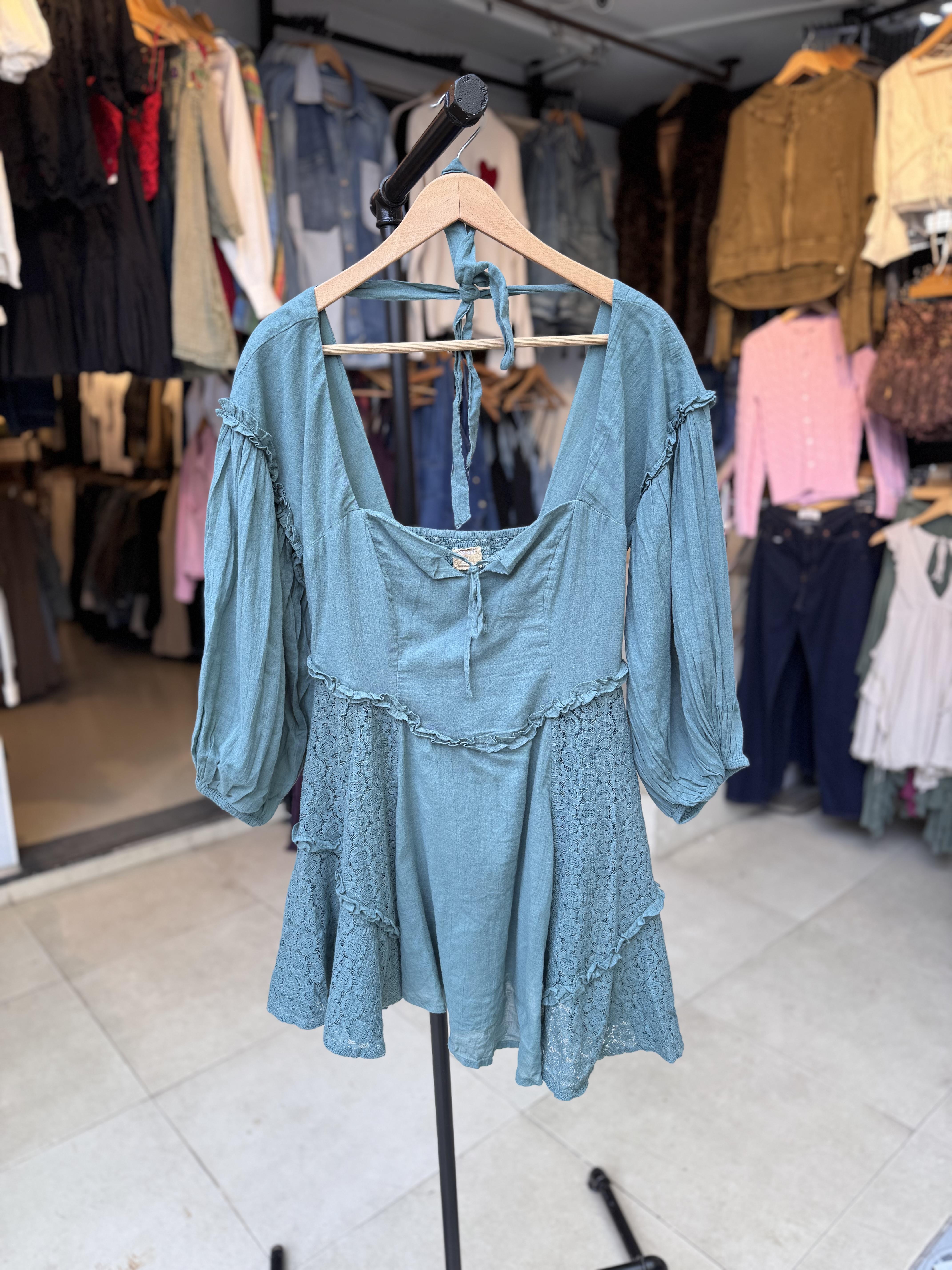 Mavi Renk Keten Premium Elbise