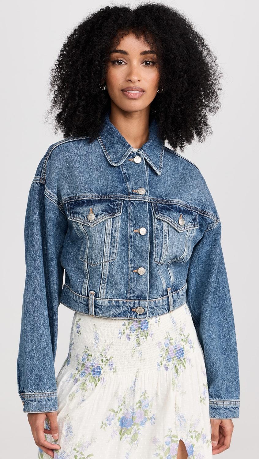 Oversize Yıkamalı Mavi Kot Crop Ceket