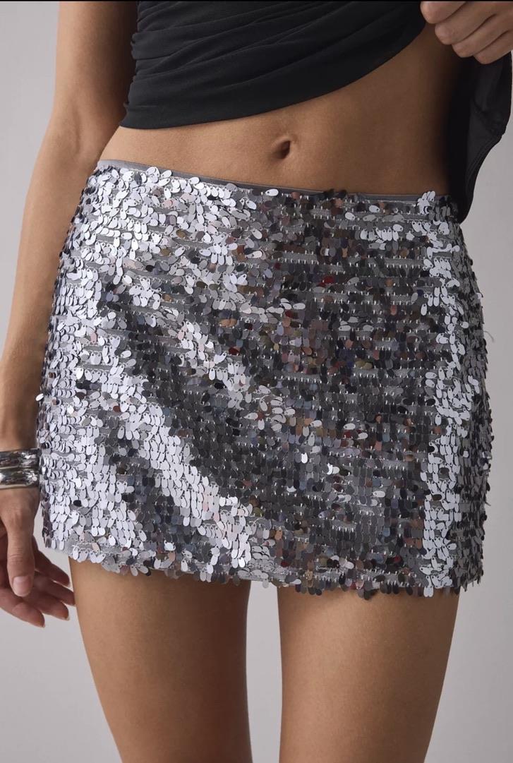 Pul Payetli Gri Mini Etek