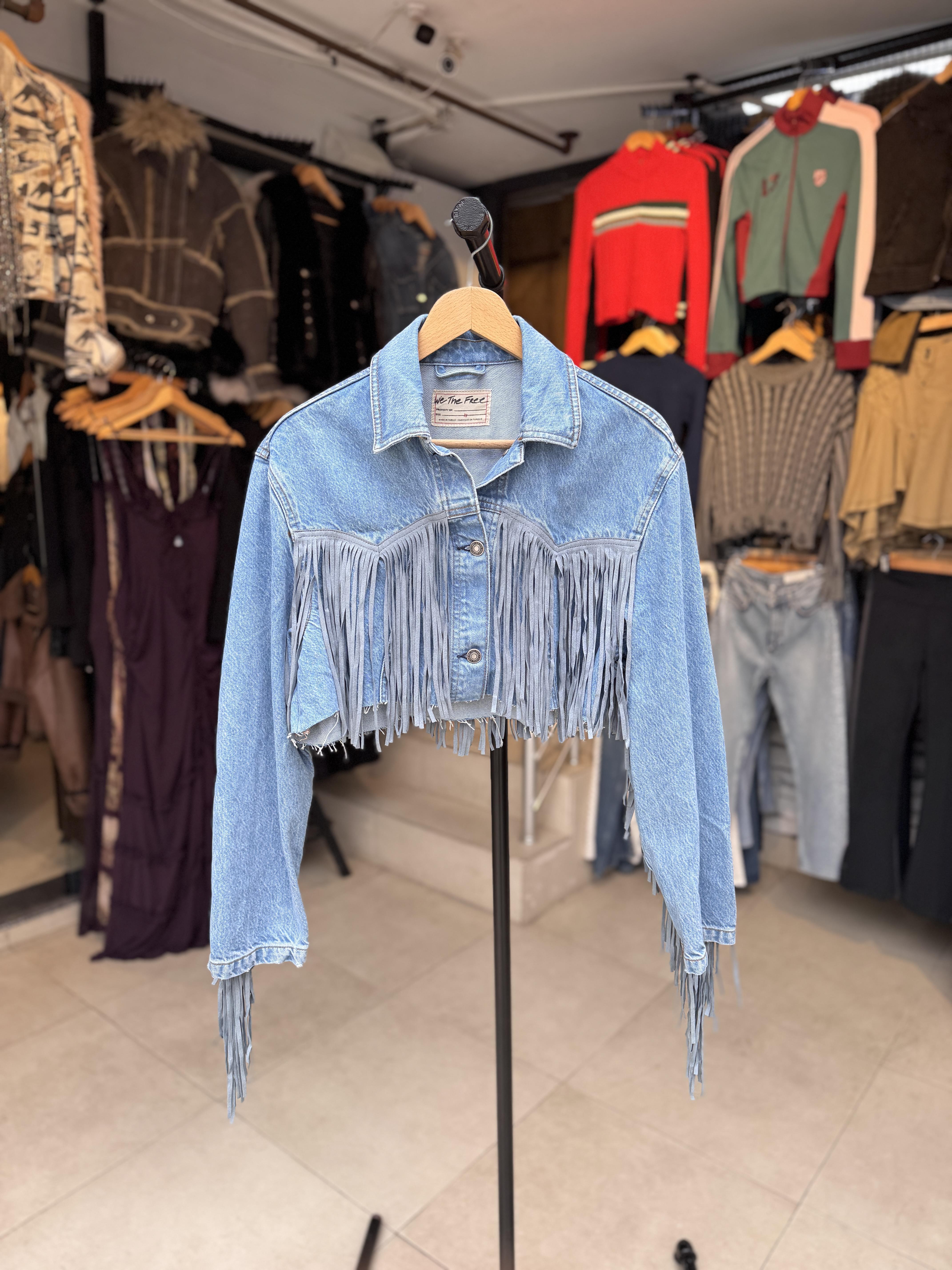 Püskül Detaylı Crop Oversize Mavi Kot Ceket