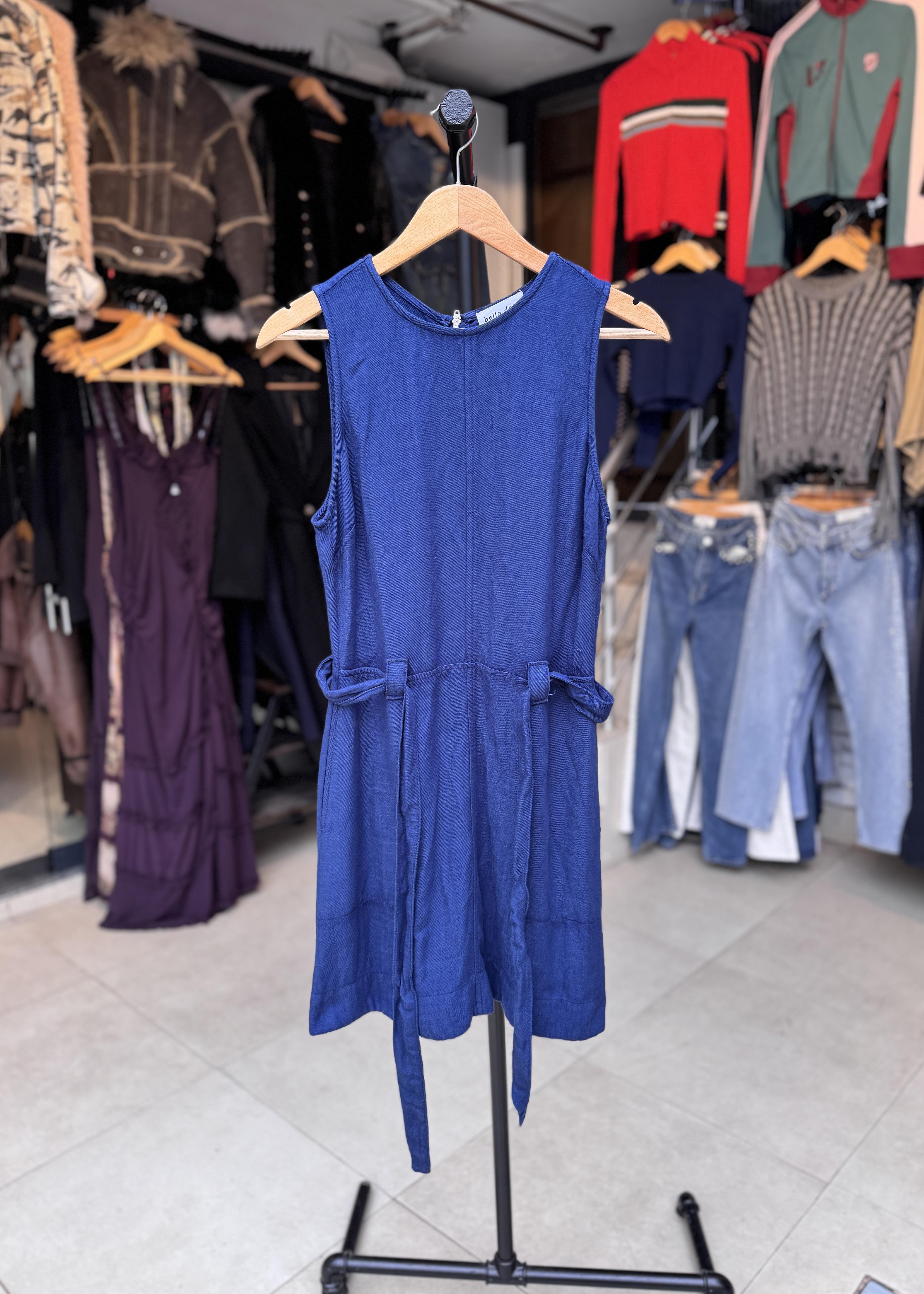 Sıfır Kol Bel Bağlamalı Keten Lacivert Elbise