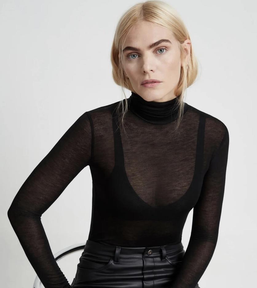 Yarım Balıkçı Yaka Transparan Siyah Bluz