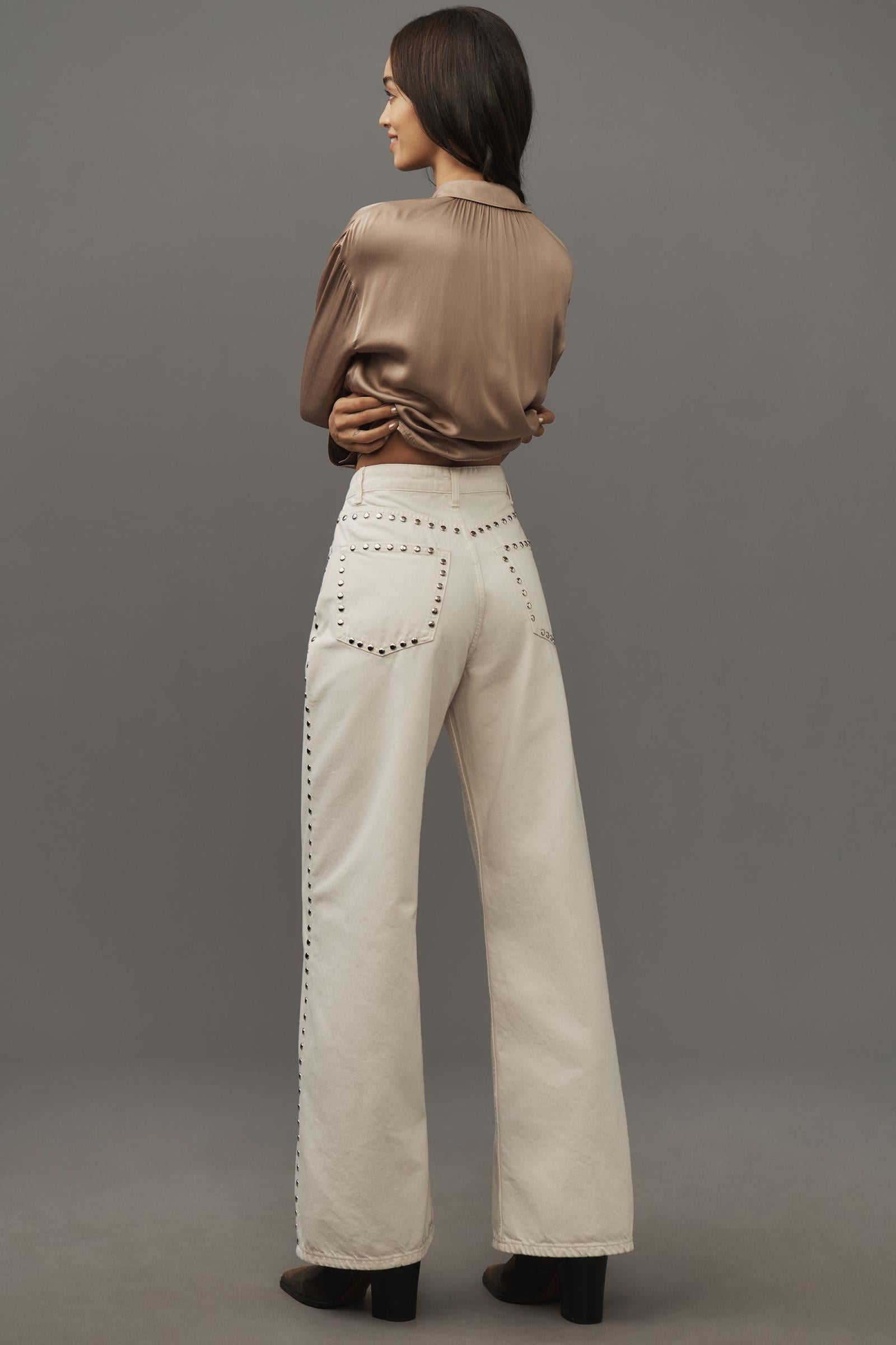 Zımba Detaylı Krem Renk Wide Leg Jean 